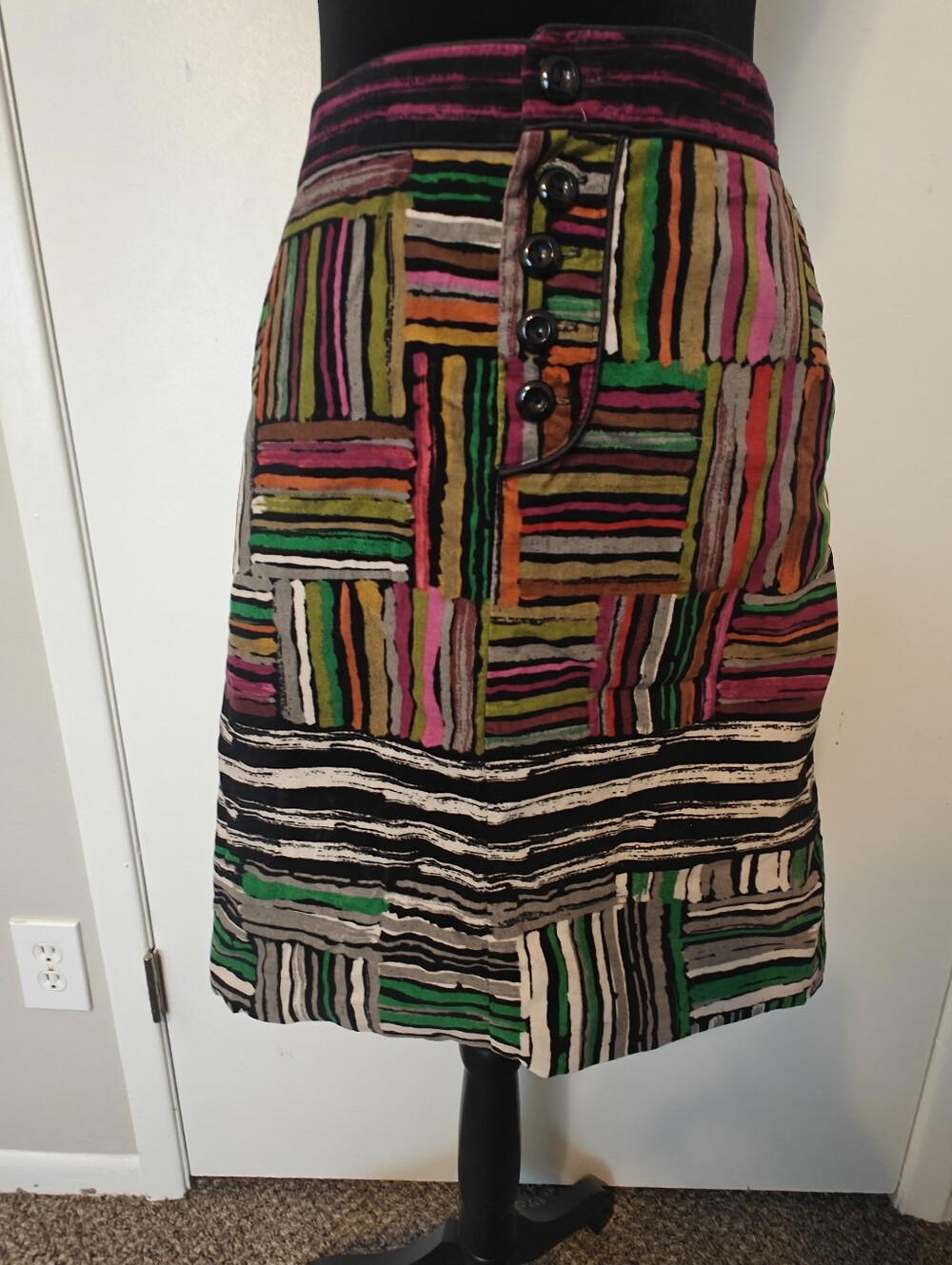 Odille Sz.8 Anthropologie Spectrum Map skirt vibrant patchwork  Geometric Velvet